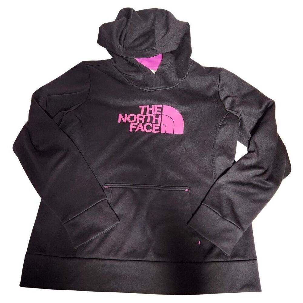 The North Face Womens Sz L Pullover Hooded Sweatshirt Hoodie Black Purple Logo